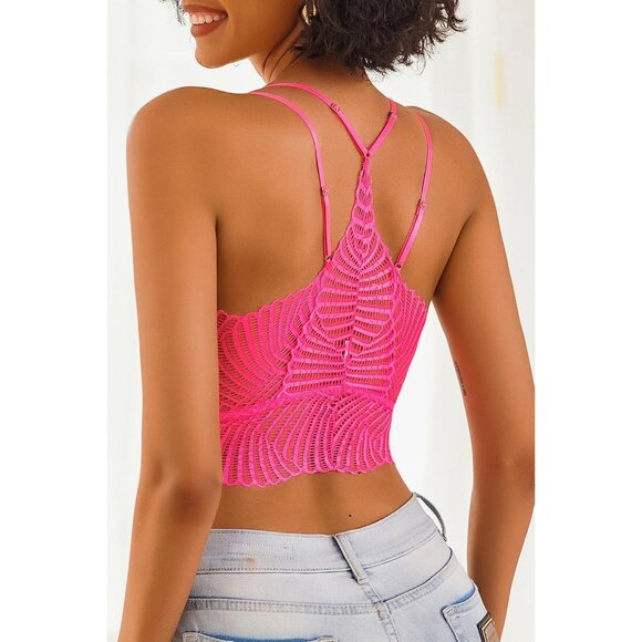 Women's Fluo Pink Lace Camisoles Double-layered V-neck Sexy Bralettes Crop Top - Picture 3 of 5